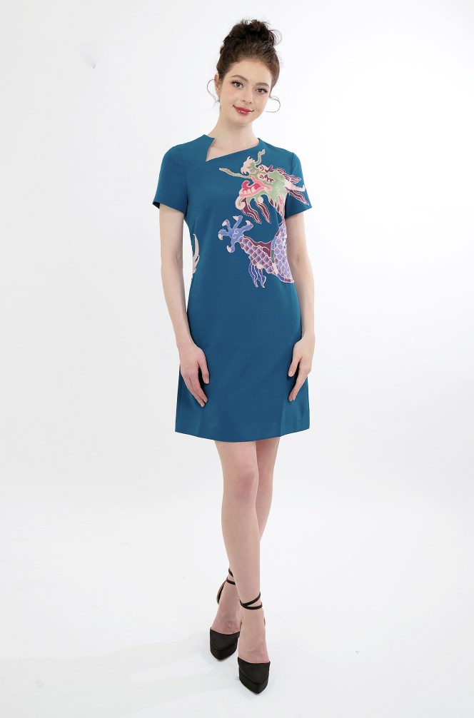 Chinese Dragon Embroidered Qipao Style Dress | Tasi New York Singapore Chinese Dragon Embroidered Qipao Style Dress | Tasi New York Singapore