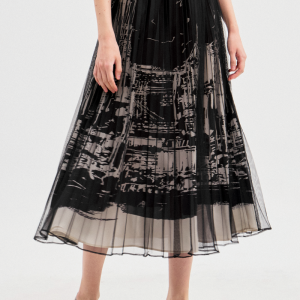 Black Cityscape Print Pleated Midi Skirt