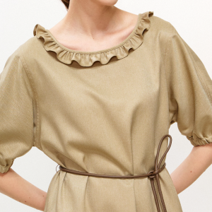 Ruffle Neck Denim-Look Midi Dress