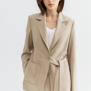 Beige Linen Blend Belted Blazer