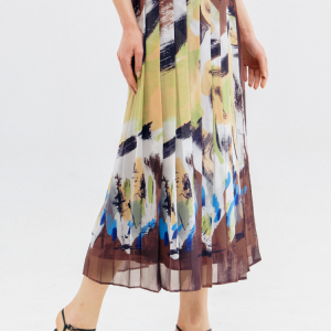 Abstract Print Pleated Midi Skirt