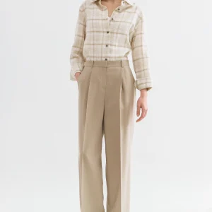 Beige Pleated Wide-Leg Trousers