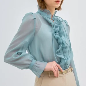 Misty Blue Ruffled Chiffon Blouse