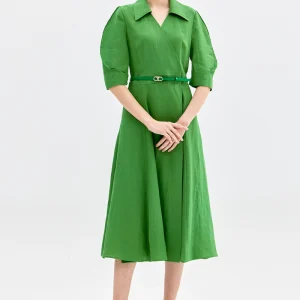 Vibrant Green Linen Blend Wrap Dress