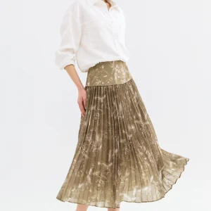 Olive Green Printed Pleated Midi Skirt