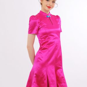 Pink Satin Qipao with Puff Sleeves