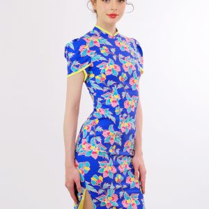 Floral - Printed Qipao Dress with Contrast Trims