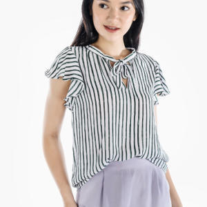 Striped Tie - Neck Flutter - Sleeve Top