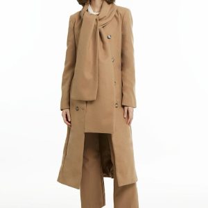 Camel Double-Breasted Maxi Coat with Scarf Detail