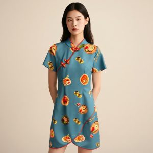 Singapore Food Motif Cheongsam - Blue