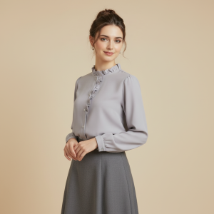 Women’s Elegant Grey Ruffle Neck Blouse – Long Sleeve Button Front Office Shirt