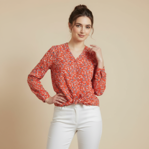 V-Neck Floral Print Blouse with Front-Tie Detail