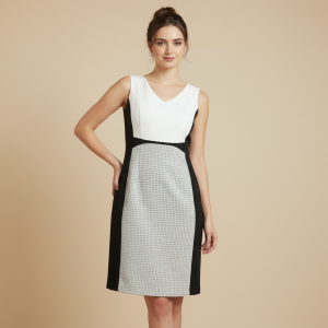 Contrast Panel Tweed Sheath Dress with V-Neckline