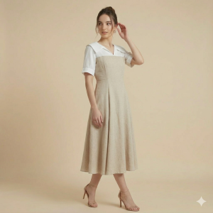 Beige Linen-Blend A-Line Midi Dress with Contrast White Sailor Collar