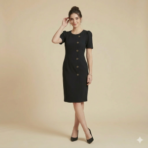 Black Asymmetric Button-Front Sheath Dress with Puff Cap Sleeves