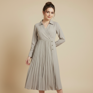 Grey and White Pinstripe Wrap-Front Shirt Dress with Self-Tie Bow