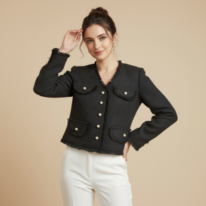 Elegant Cropped Tweed Jacket with Pearl Buttons and Fringed Trim